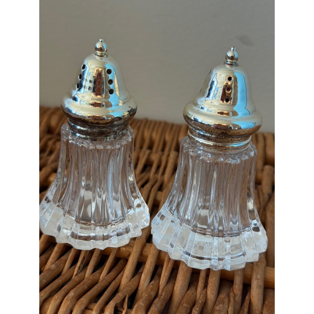 Leonard Japan Silver Plate and Fluted Glass Salt and Pepper Shakers Set
